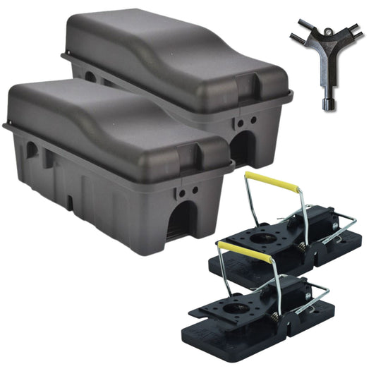 2 x Mouse Snap Traps and Compact, Lockable Trap Boxes Kit
