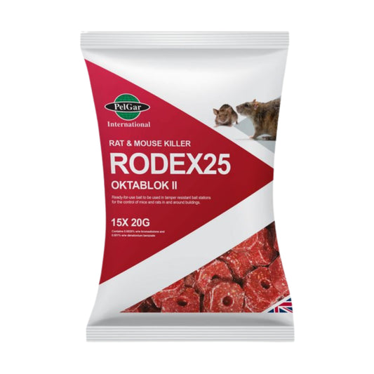 Pelgar Rodex 25 Octablok II Rat & Mouse Killer Bait Blocks For Amateur Use 15 x 20g