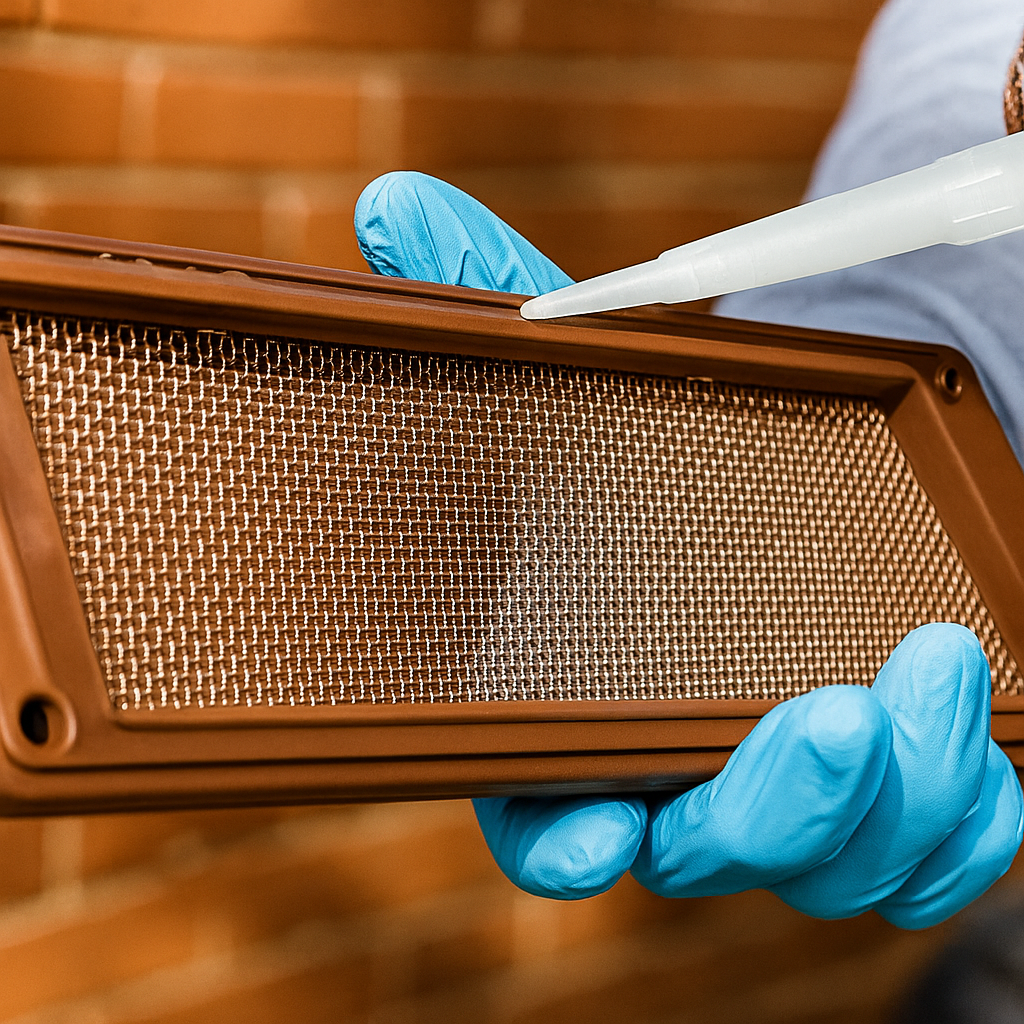 Person wearing blue gloves holding an air brick cover while applying glue to it against a blurred brick wall background.