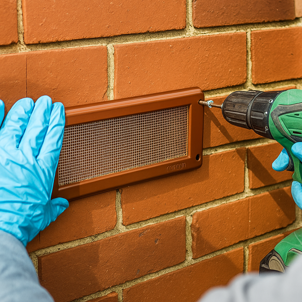 Person installing a vent mesh air brick cover screen into a brick wall using a drill.