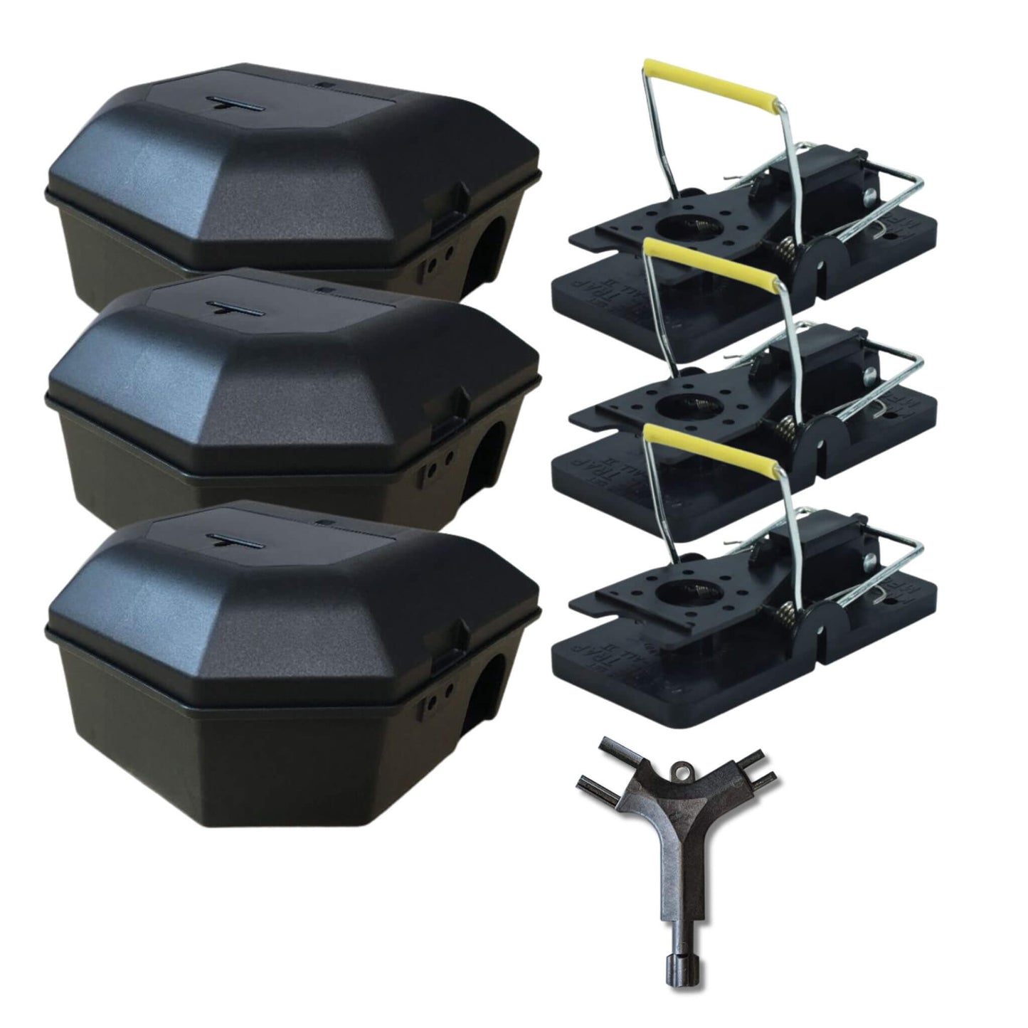 3 x Mouse Snap Traps and Lockable Bait Station Boxes (Set)