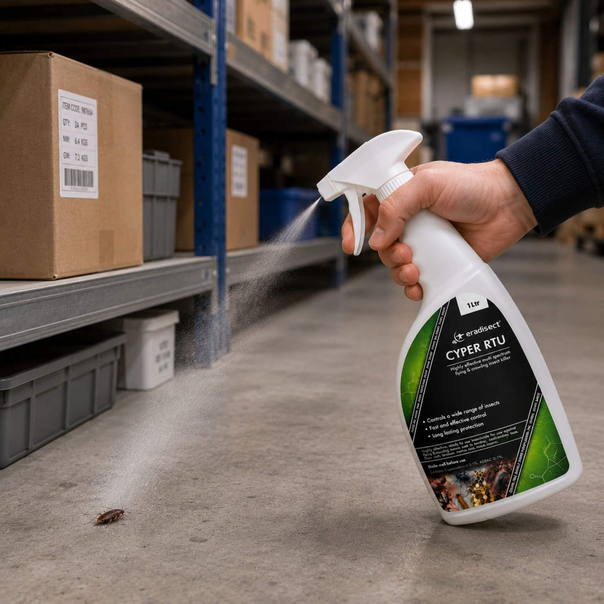 Eradisect Cyper RTU Insect Spray Targeting Cockroach in Warehouse