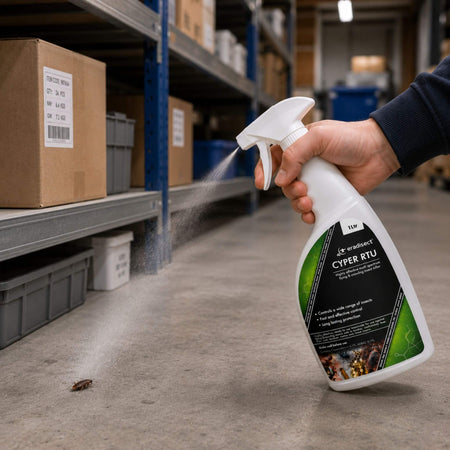 Eradisect Cyper RTU Insect Spray Targeting Cockroach in Warehouse