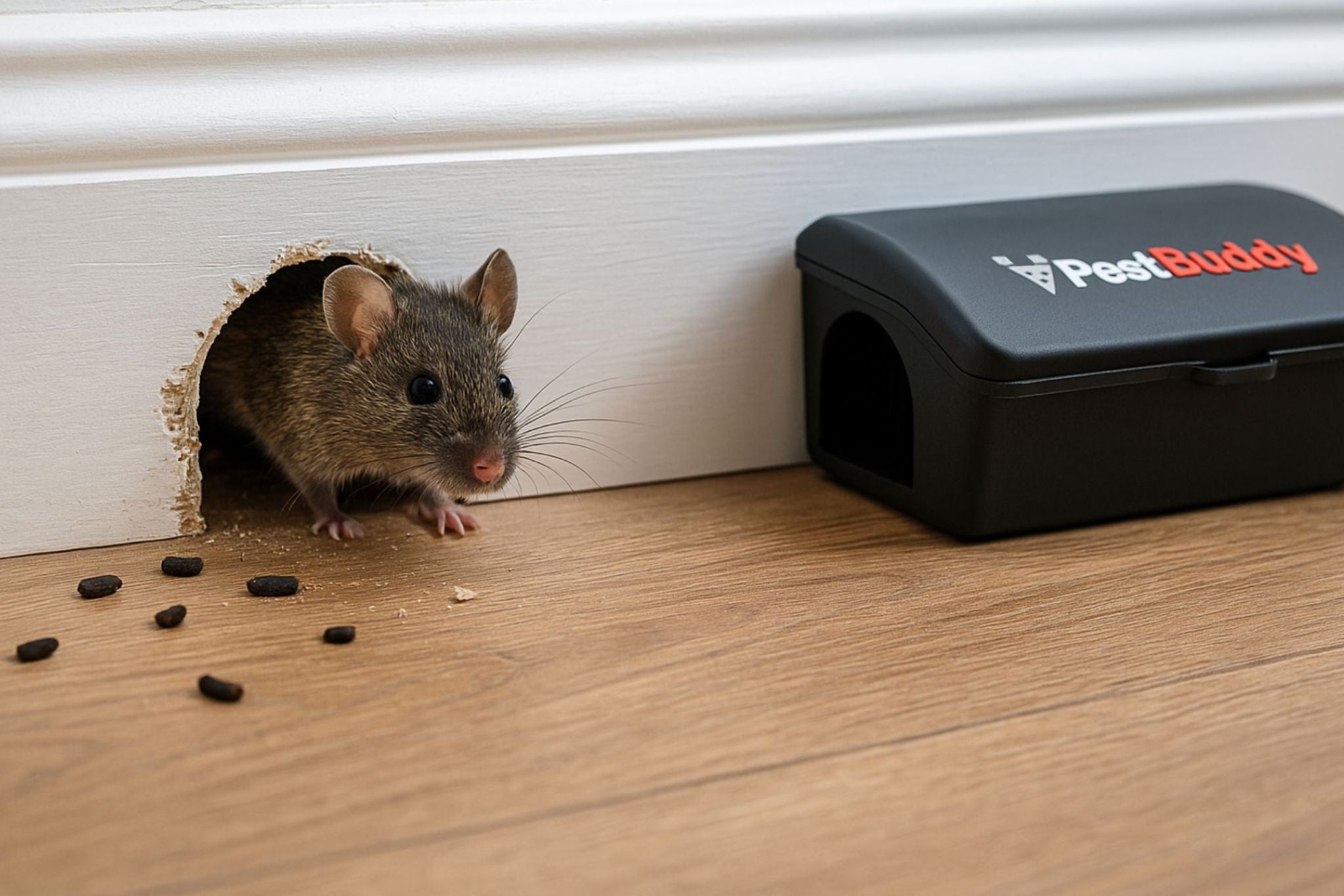 Mouse peeking out from a hole in a wooden floor next to a PestBuddy device.