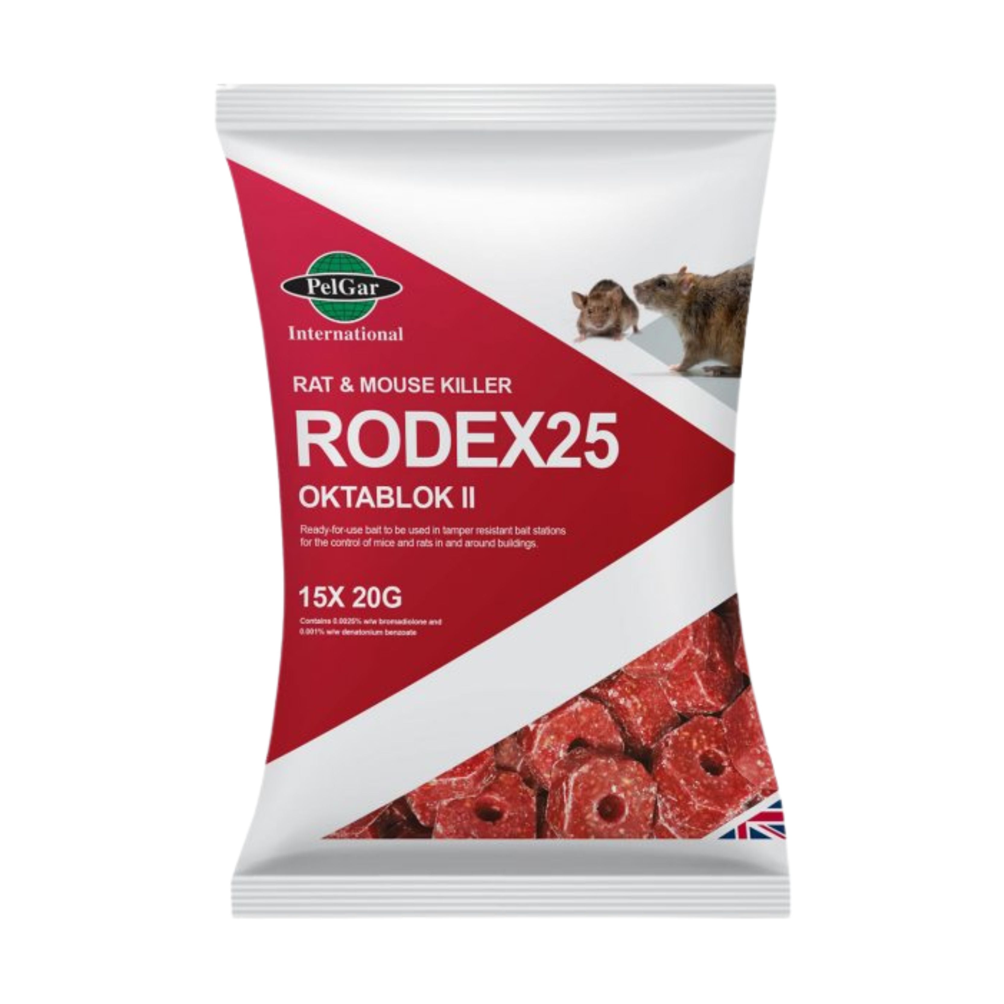 Pelgar Rodex 25 Octablok II Rat & Mouse Killer Bait Blocks For Amateur Use 15 x 20g