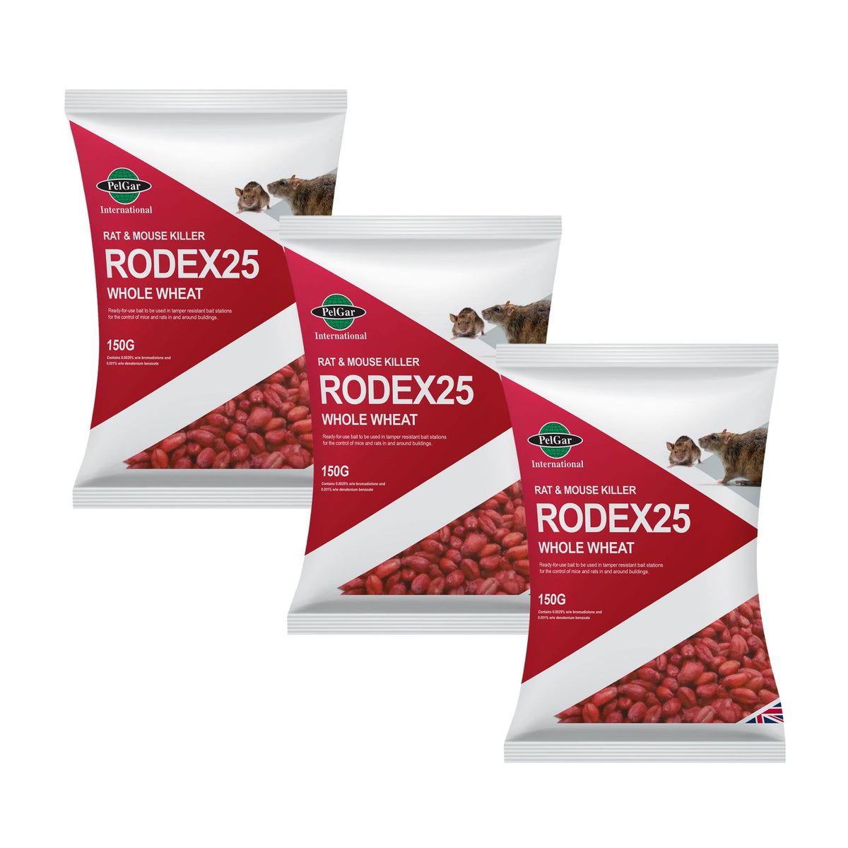 Pelgar Rodex 25 Whole Wheat Bait – Fast Rat & Mouse Killer – 3 x 150g