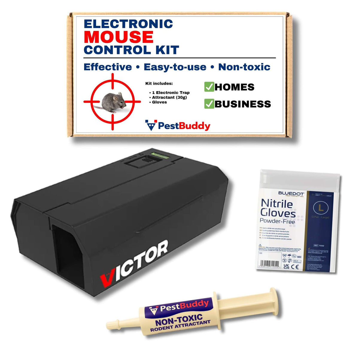 Victor electronic mouse control kit with gloves and attractant on a white background