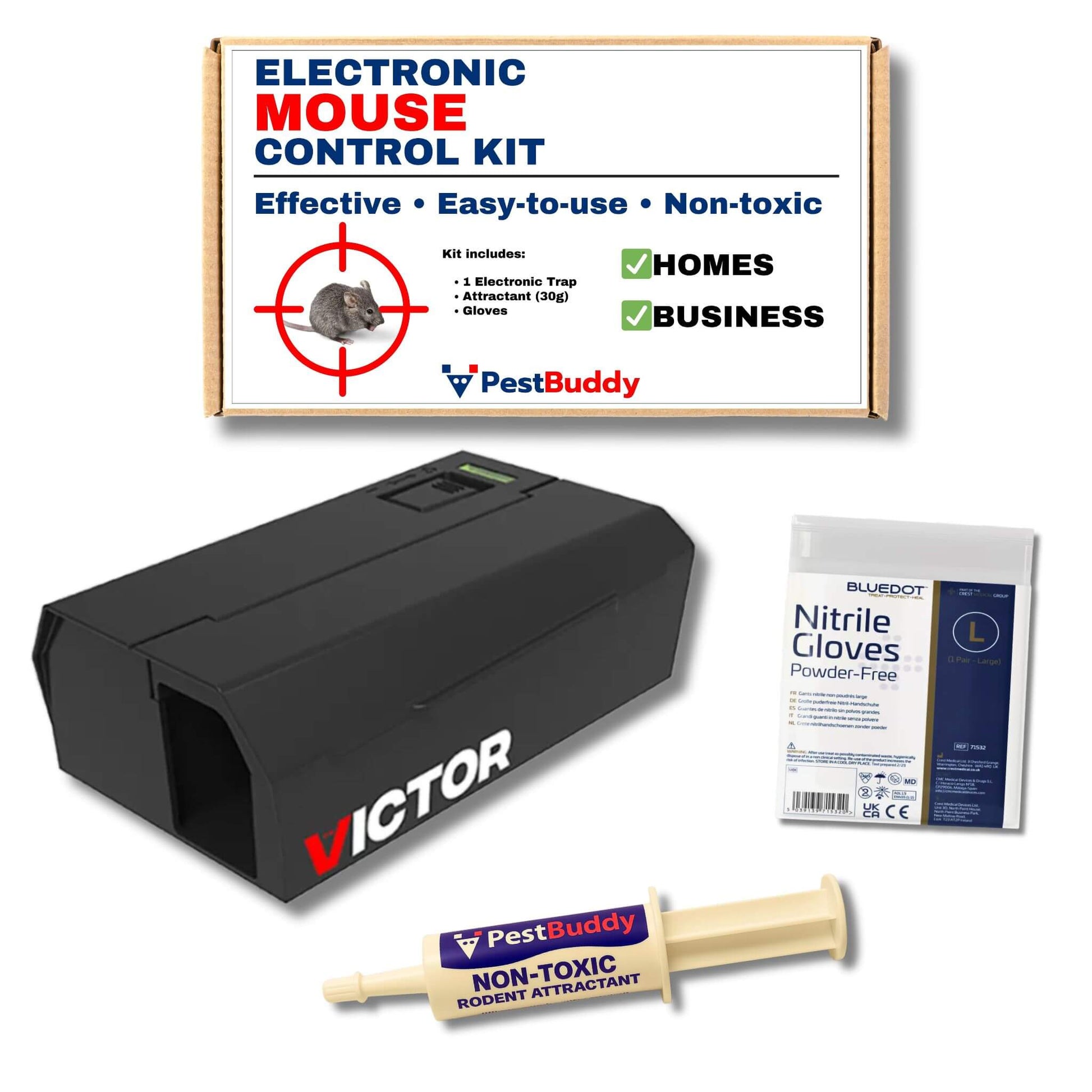 Victor electronic mouse control kit with gloves and attractant on a white background