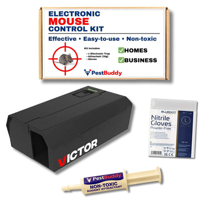 Victor electronic mouse control kit with gloves and attractant on a white background