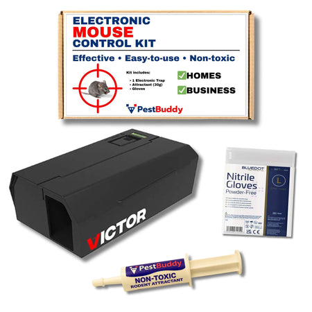 Victor electronic mouse control kit with gloves and attractant on a white background