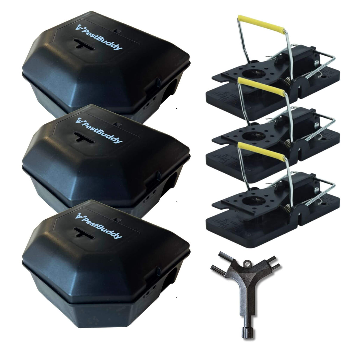 Set of PestBuddy mouse traps on a white background