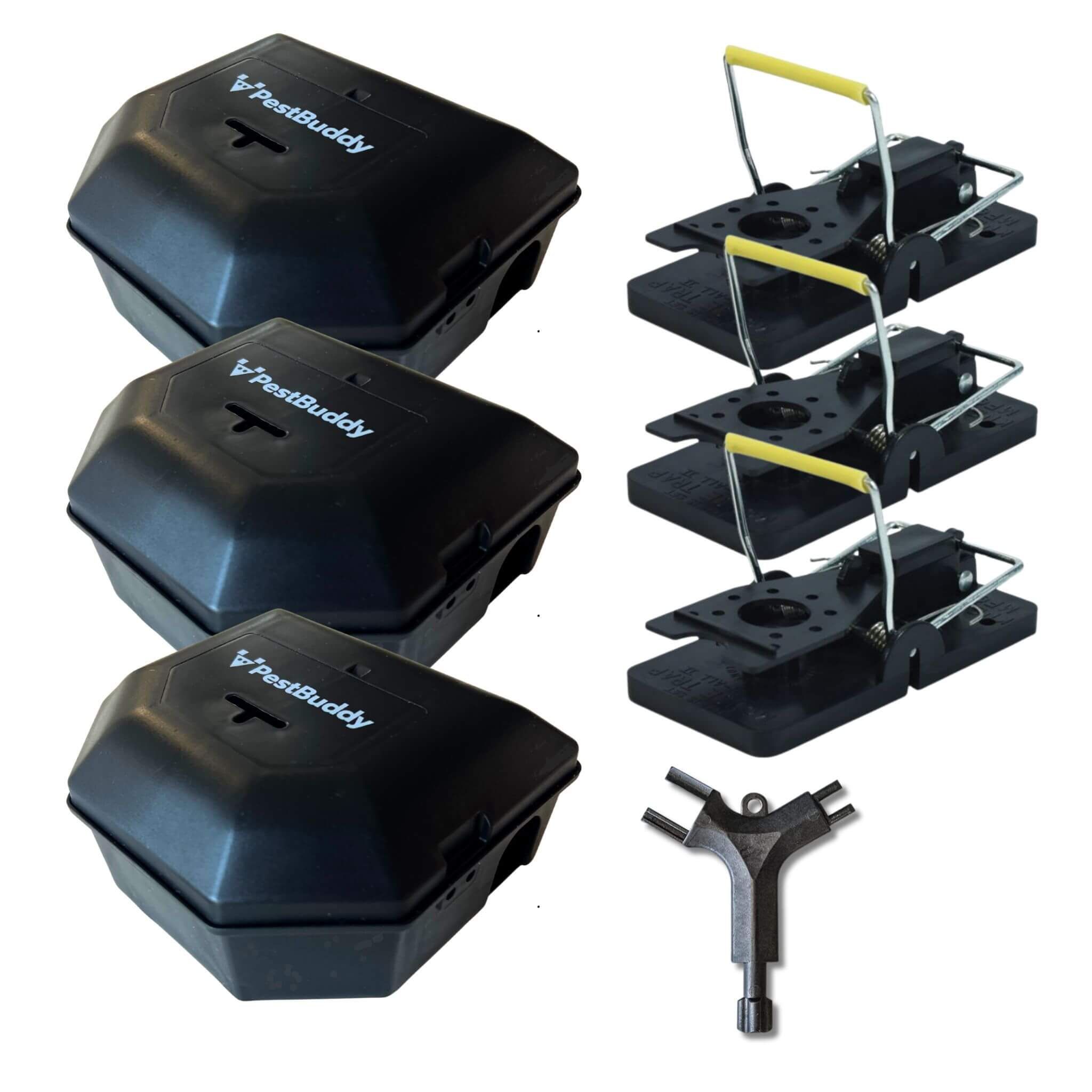 Set of PestBuddy mouse traps on a white background