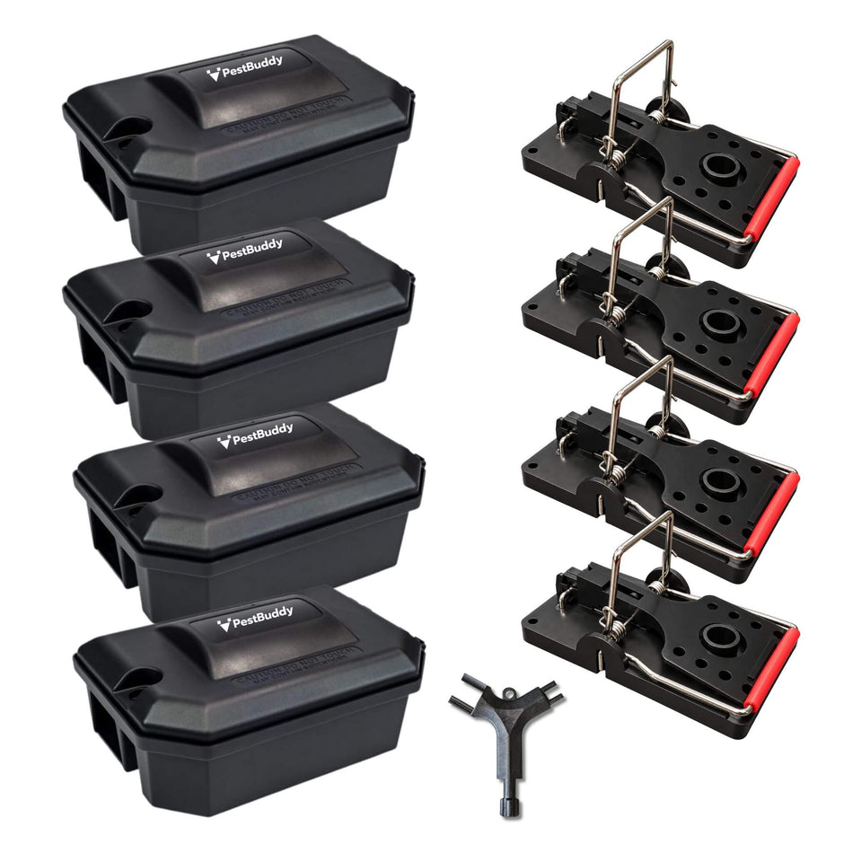 PestBuddy Rat Traps & Bullet Bait Stations Kit - Poison-Free - 4 Pack