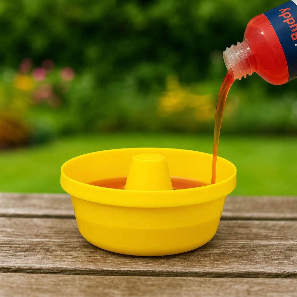 PestBuddy Wasp Lure being poured into yellow wasp trap