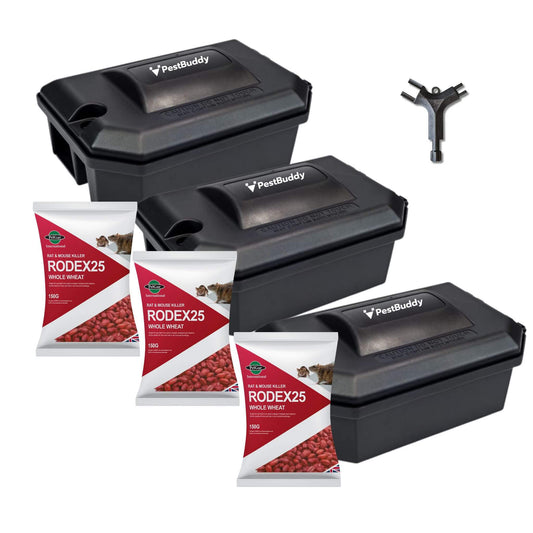 Rat Wheat Bait and Bait Station Kit – Easy Setup, Tamper-Resistant – 3 Pack