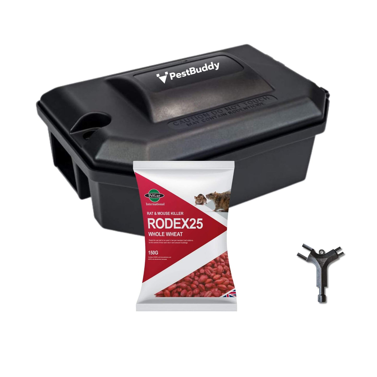 Black pest control container with RODEX25 whole wheat bait package and a tool on a white background