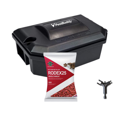 Black pest control container with RODEX25 whole wheat bait package and a tool on a white background