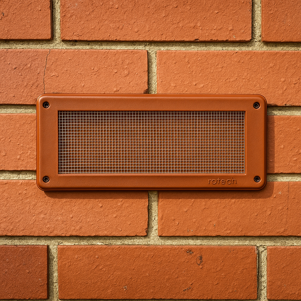 Metallic grille on a brick wall with 'rothec' branding