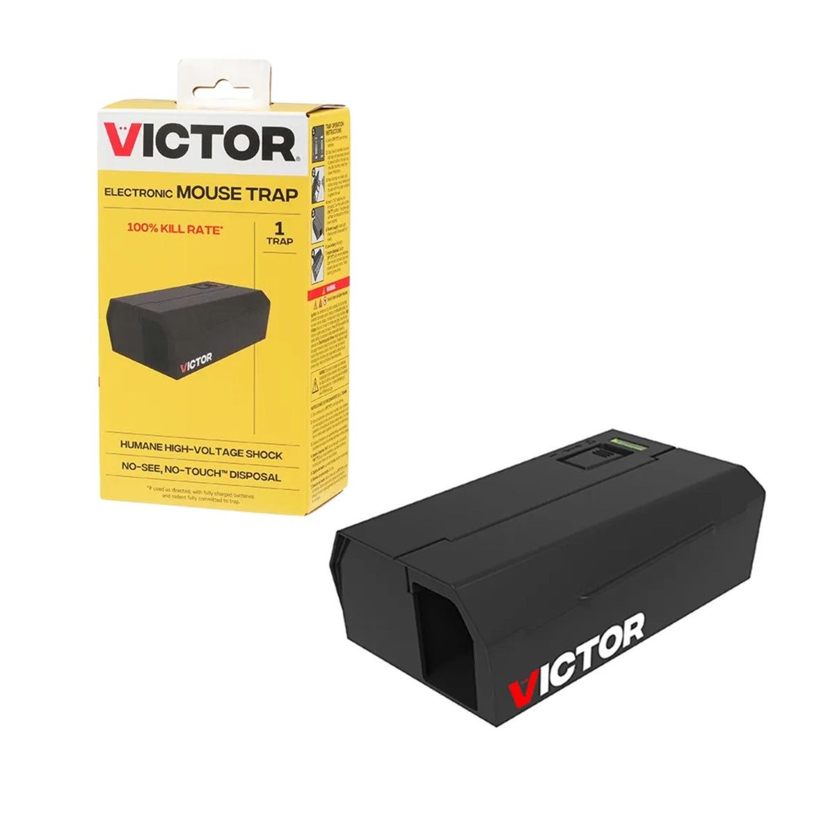 Victor electronic mouse trap packaging and trap on a white background